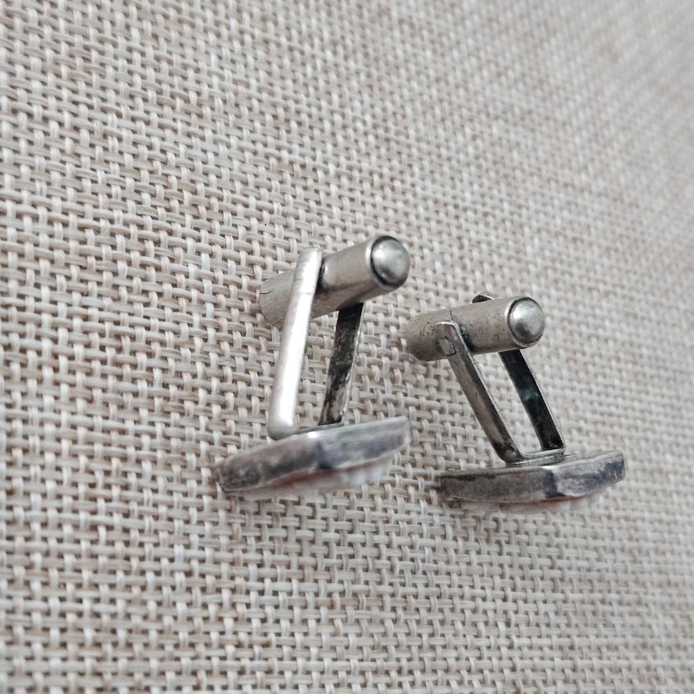 Carved Stone/Shell Top Cufflinks Vintage‎ Sterling Silver